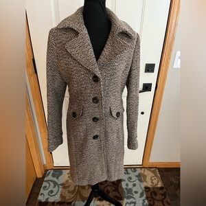 Women’s Giacca Gallery wool blend tan black tweed mid length coat. Size medium